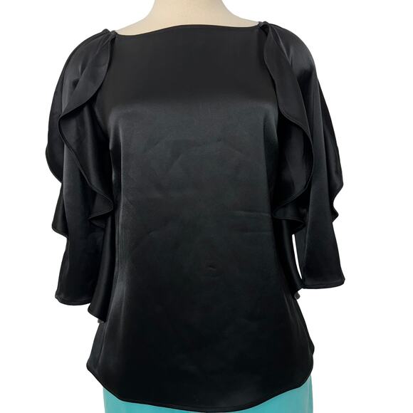 St. John Couture Satin Ruffle Blouse Black TopSize: Small